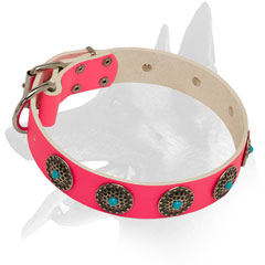 Hand-set circles on Belgian Malinois Pink Leather Dog Collar