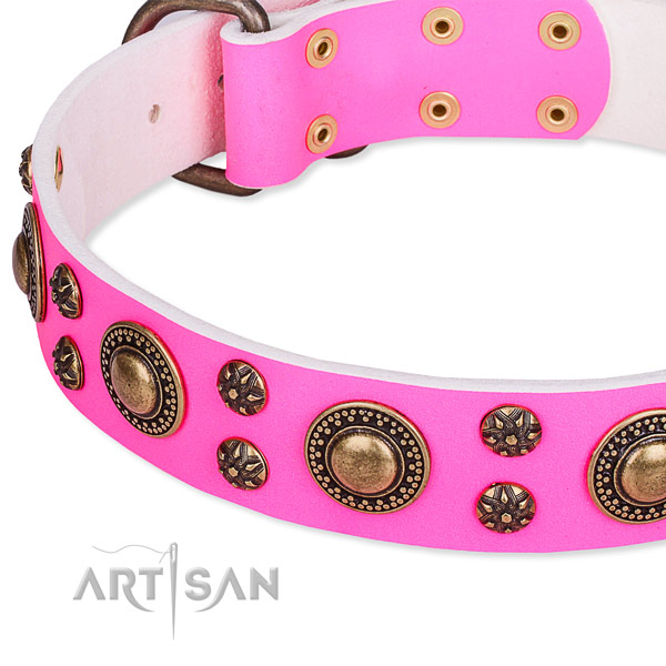 Natural genuine leather dog collar with trendy decorations