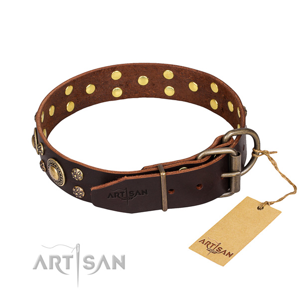 Everyday walking natural genuine leather collar with adornments for your four-legged friend