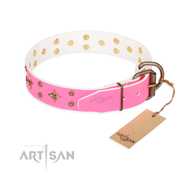 Daily use full grain natural leather collar with decorations for your four-legged friend