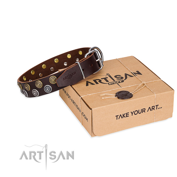 Natural genuine leather dog collar with decorations for everyday use