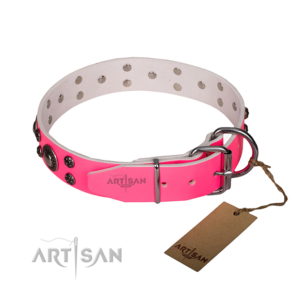 Handy use full grain natural leather collar with reliable buckle and D-ring