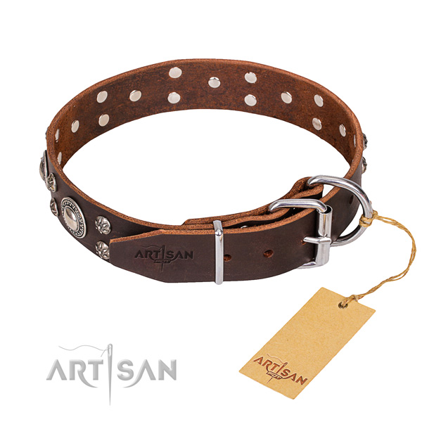 Full grain natural leather dog collar with smoothed leather strap