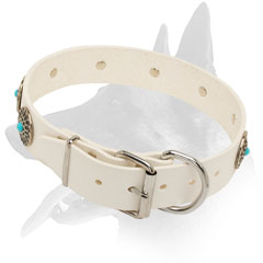 Hand-set circles on Belgian Malinois White Leather Dog Collar