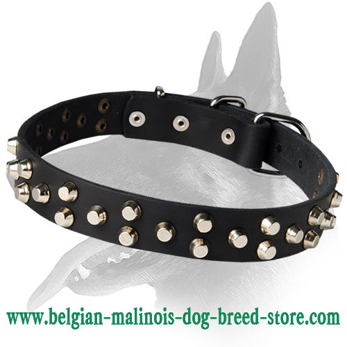 Superb Leather Collar With Silver Colored Pyramids