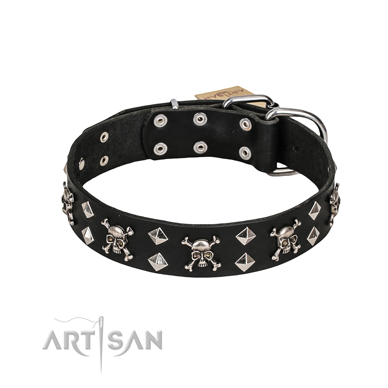 FDT Artisan 'Rock 'n' Roll Style' Leather Belgian Malinuas Collar with Skulls, Bones and Studs 1 1/2 inch (40 mm) wide
