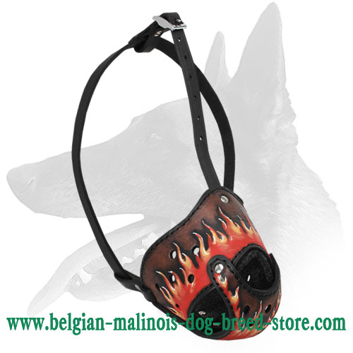 Belgian Malinois Leather Painted in Flames Dog Muzzle