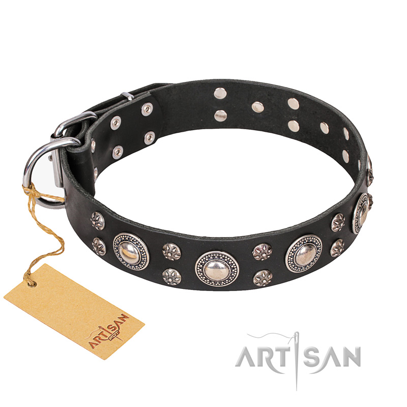 FDT Artisan 'Vintage Necklace' Studded Black Leather Belgian Malinois Dog Collar - 1 1/2 inch (40mm) wide