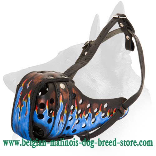 Painted Blue Flames Leather Muzzle for Belgian Malinois