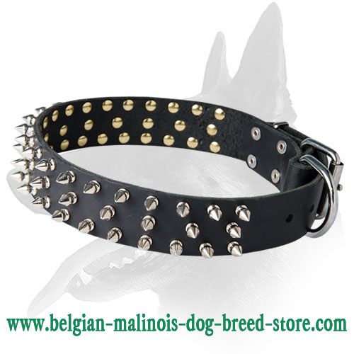Fancy Leather Collar With Three Rows Of Spikes