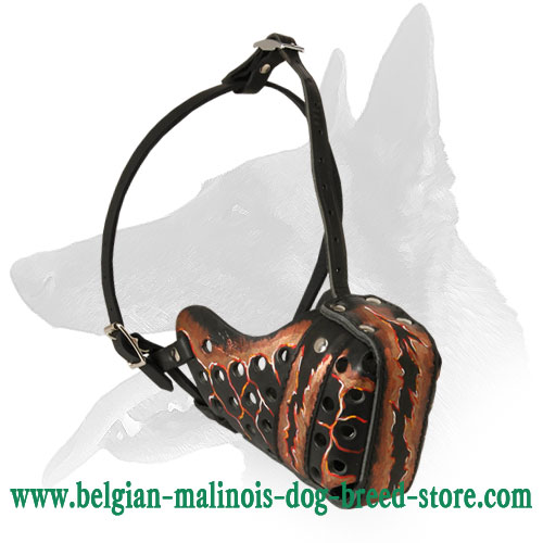 'Royal Look' Unique Belgian Malinois 'Magma' Painted Leather Muzzle