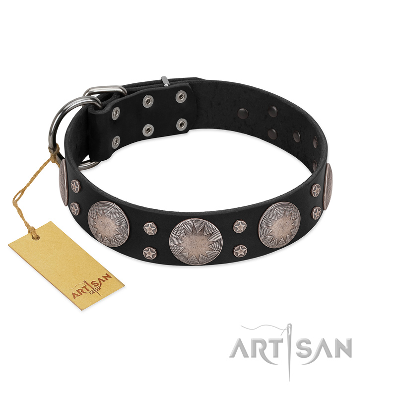 "Starry Sky" Trendy FDT Artisan Black Leather Belgian Malinois Collar with Large Brooches - Click Image to Close