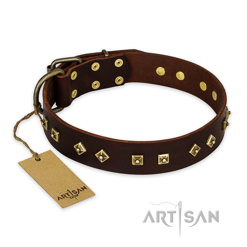 "Fashion Studs" FDT Artisan Decorated Leather Belgian Malinois Collar with Old Bronze-Plated Steel Hardware - Click Image to Close