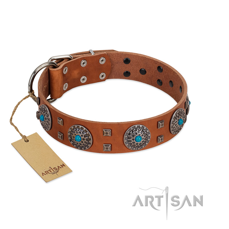 "Blue Sands" FDT Artisan Tan Leather Belgian Malinois Collar with Silver-like Studs and Round Conchos with Stones - Click Image to Close