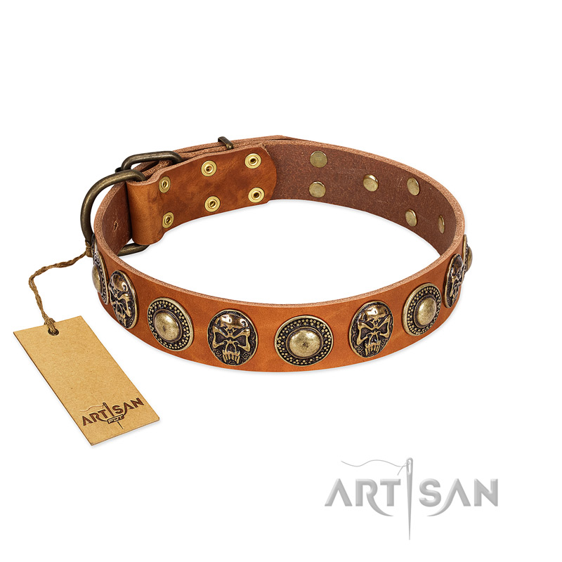 "Golden Epoch" FDT Artisan Tan Leather Belgian Malinois Collar with Old Bronze-plated Medallions and Conchos - Click Image to Close