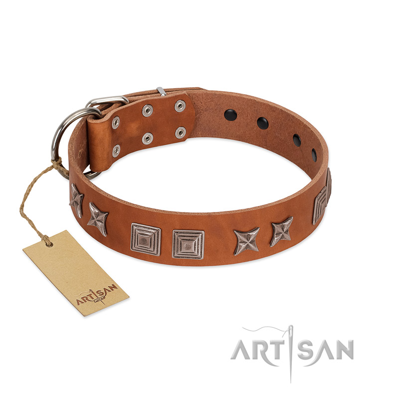 "Antique Figures" FDT Artisan Tan Leather Belgian Malinois Collar with Silver-like Engraved Plates - Click Image to Close